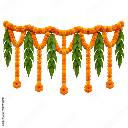 Vibrant Orange Marigold Flower Garlands With Green Leaves Festive Indian Decoration Transparent Background