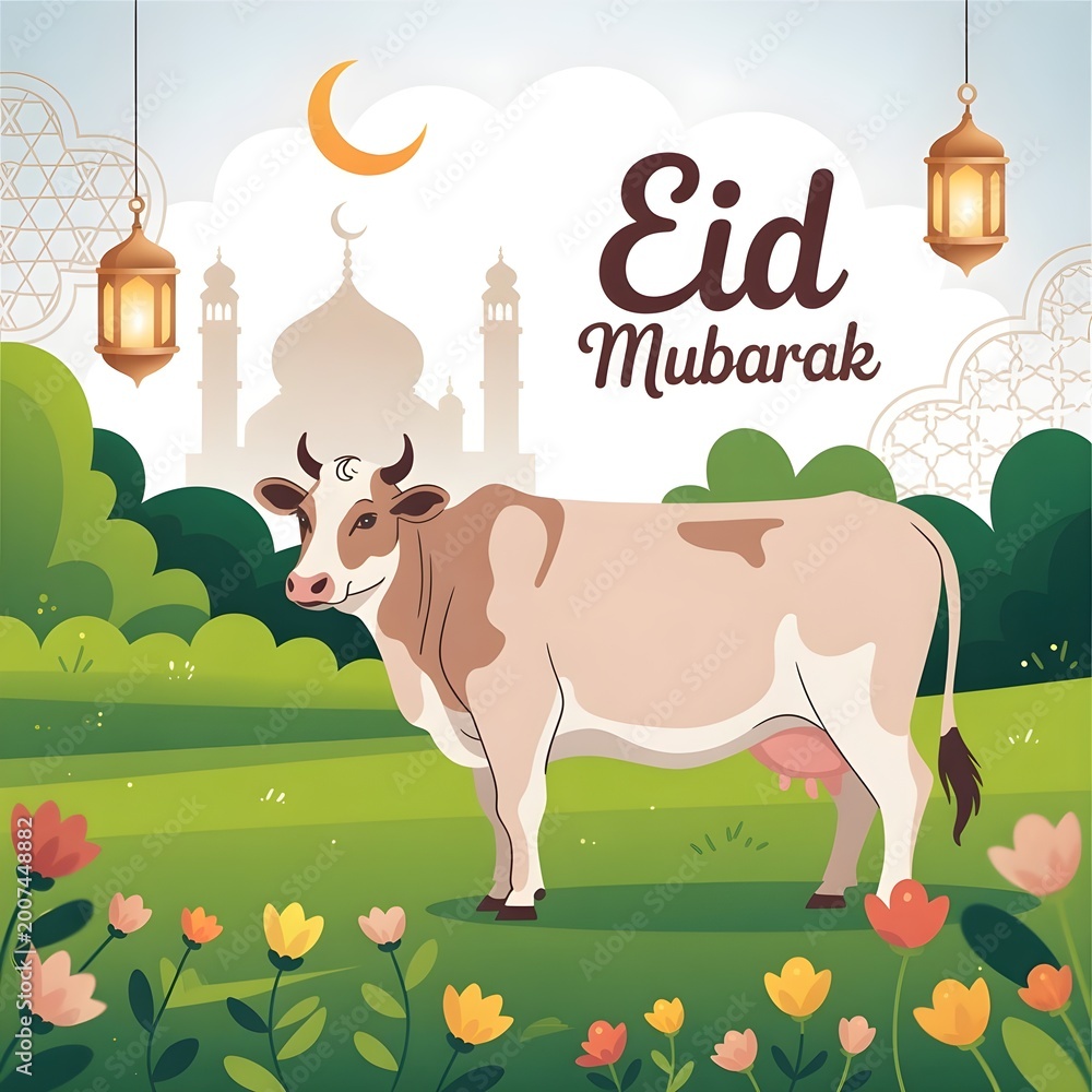 Fototapeta premium Festive Lanterns and Cow Illustration