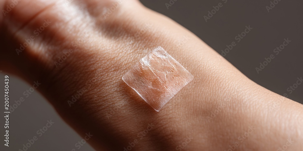 Fototapeta premium Close-up macro shot of a transparent square bandage applied to human skin on the wrist