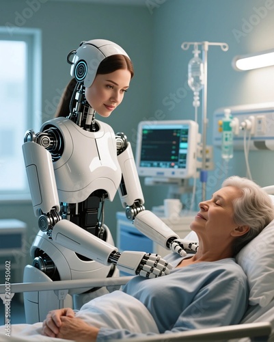 Humanoid robot assisting a human in a healthcare setting, illustrating support, trust and the role of AI in medical environments.