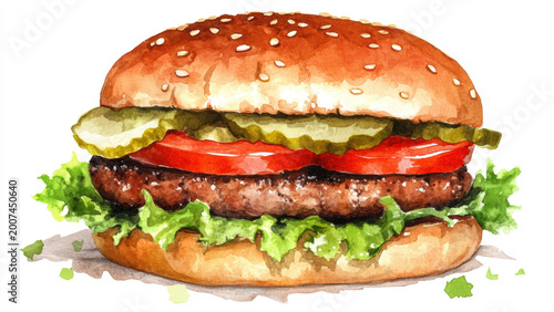 Watercolor Burger For Fast Food Restaurant Menu And Graphic Design