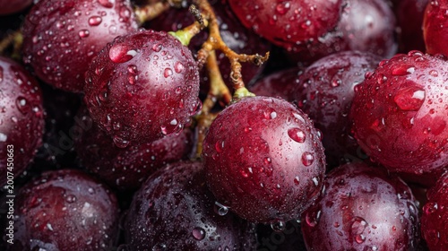 Fresh red grapes with water drops in close up macro fruit background