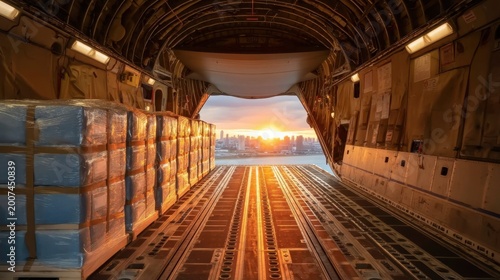 Warm Sunset View from Inside a Large Cargo Aircraft with Stacked Pallets and Scenic City Background