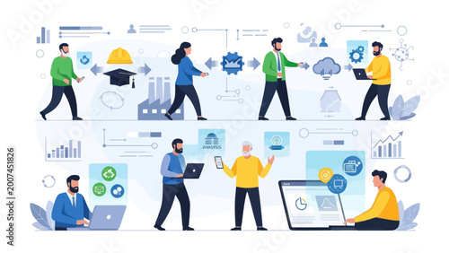 Flat vector illustration of business digital transformation and modern data analysis workflow.
