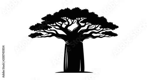 Schilderij op canvas Black silhouette of an iconic baobab tree against a white background