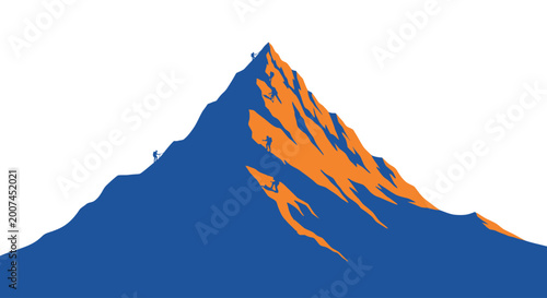 Stylized vector of a mountain climbing team ascending a steep peak for success
