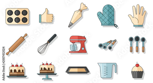 Bild auf Leinwand Set of baking equipment and pastry chef tool icons for kitchen and cooking