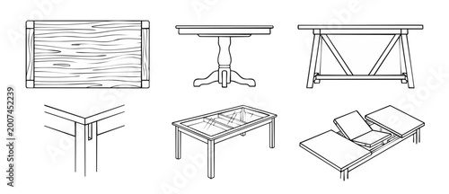 Table furniture line icons set, wooden dining and office desk construction types, structural details and folding tabletop mechanisms for home interior design blueprint, isolated outline vector illustr