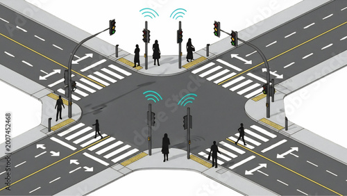 Isometric Smart City Intersection System with Adaptive Traffic Signals CAD Vector