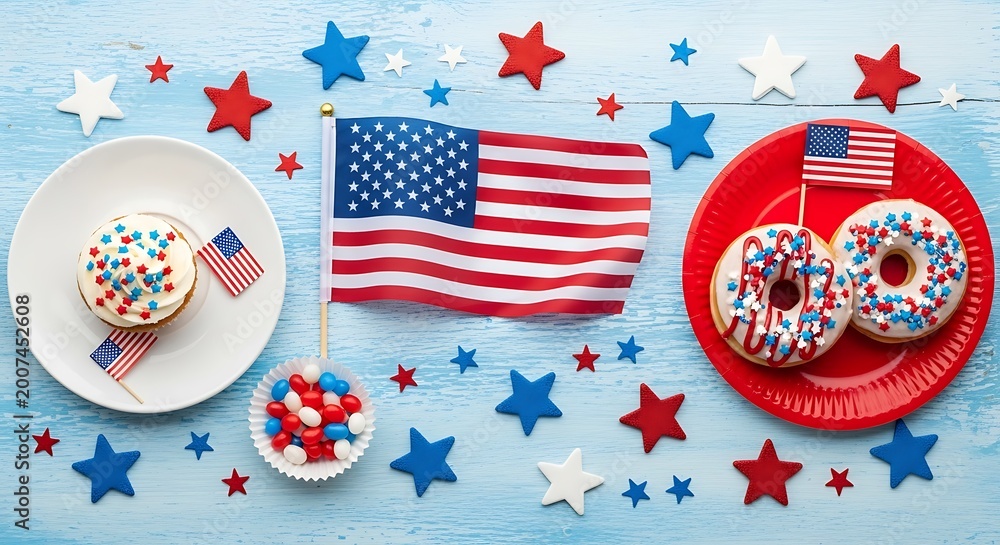 Obraz premium Patriotic celebration with donuts, candy, and american flags on a blue wooden table with red, white, and blue stars