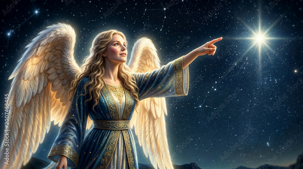 Fototapeta premium angel woman pointing bright shining star dark night sky offering spiritual guidance