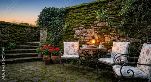 Quaint stone patio furnished with antique style seating and a glowing lantern at twilight