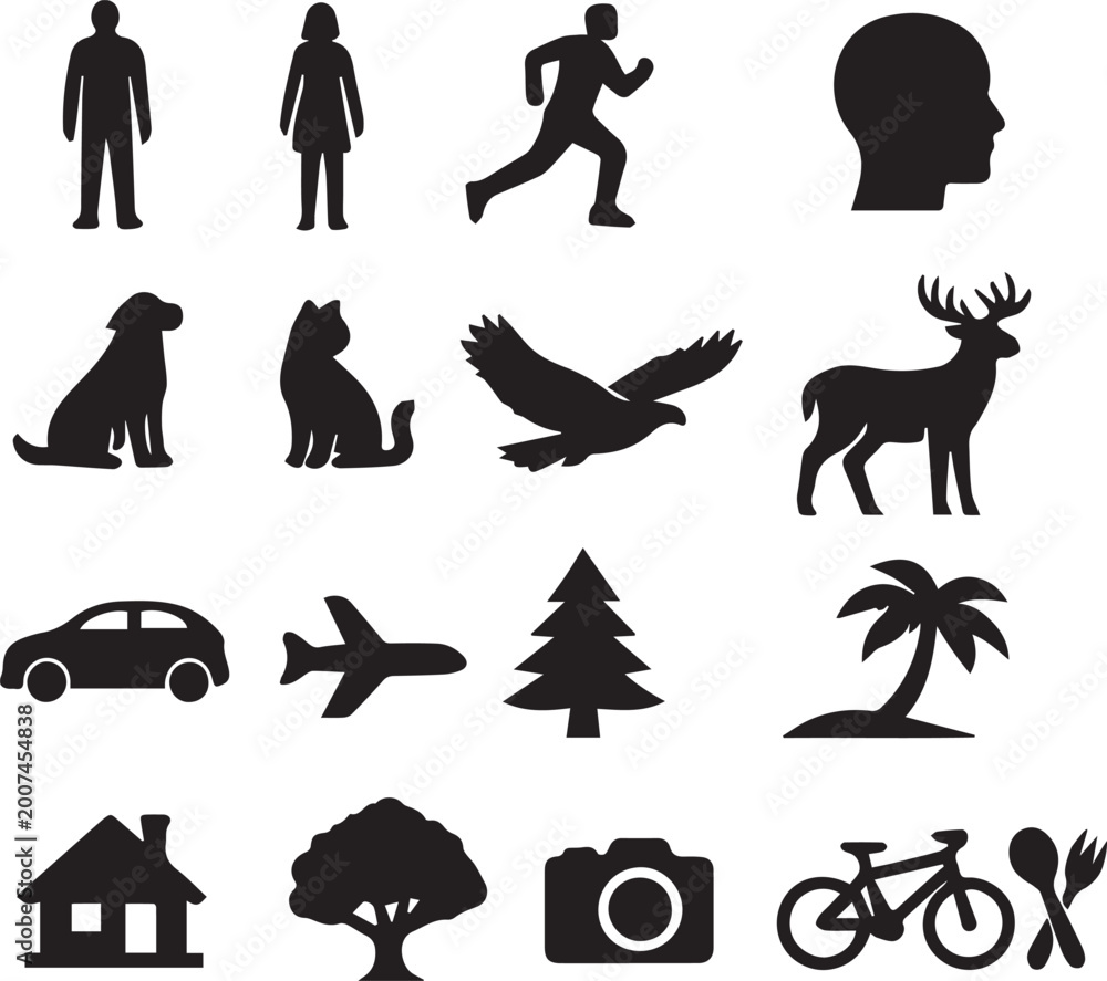Fototapeta premium Minimal Line Silhouette Icon Set Representing People, Animals, Travel, Nature, Home, Camera, and Lifestyle Symbols.