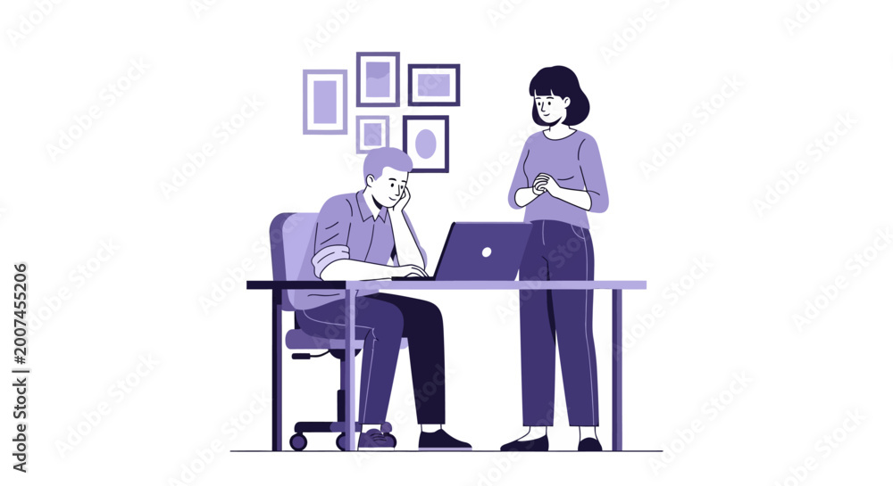 Fototapeta premium Two people collaborating at a desk with a laptop in a modern office.