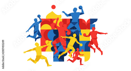 Colorful geometric illustration of handball players in action on a white background