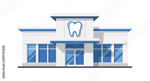 Modern dental clinic building with tooth logo and blue accents