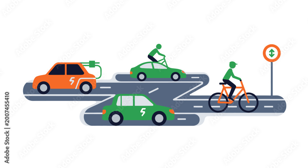 Naklejka premium Sustainable urban mobility illustration with electric cars and cyclists.