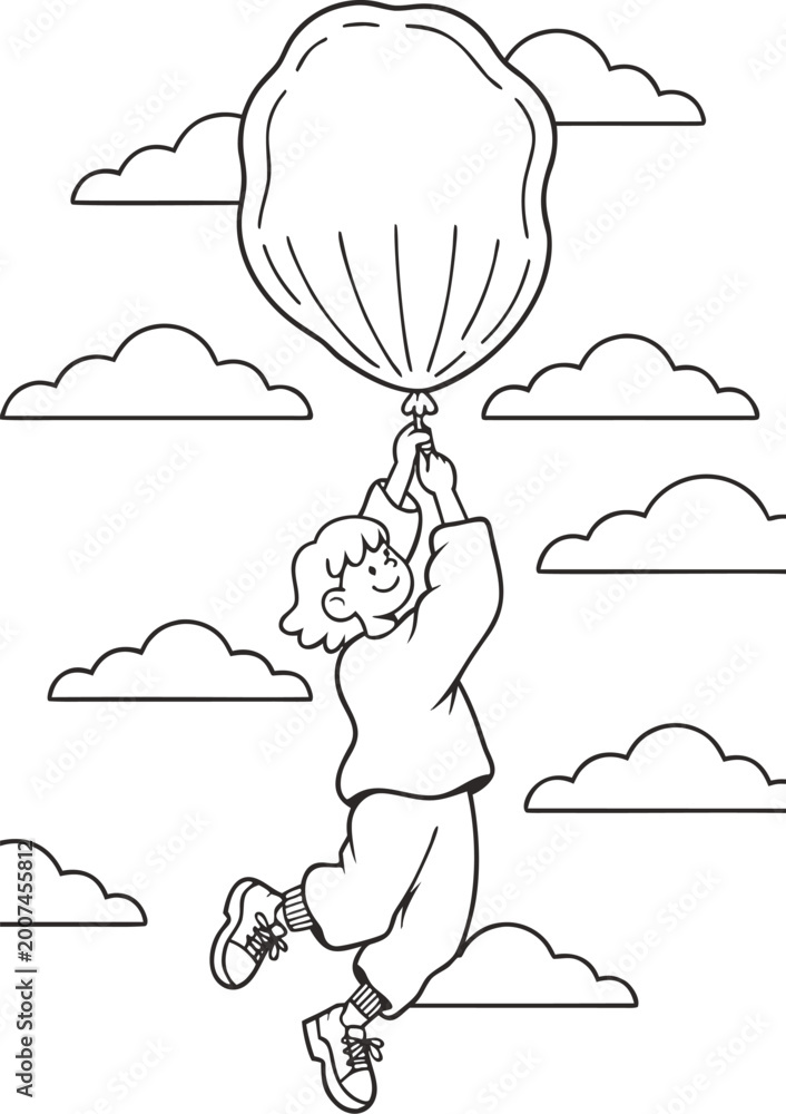 Fototapeta premium Girl holding large balloon, flying amongst clouds in sky, adventurous child with inflated sphere, vector illustration for fun.