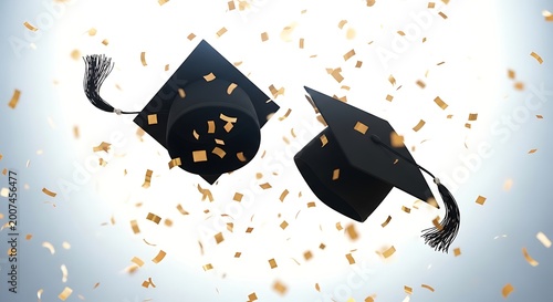 Two black graduation caps with tassels and confetti celebration flying high in air