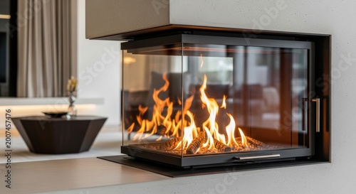 Modern Glass Fireplace with Crackling Flames Radiating Warmth and Ambiance