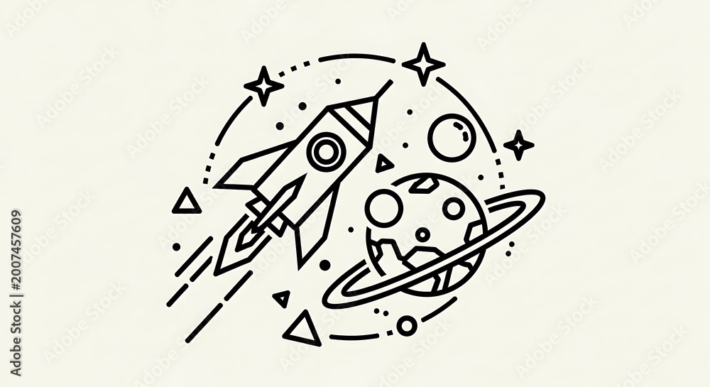 Fototapeta premium Simple vector illustration of a rocket flying through space with a planet
