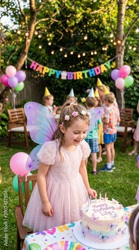 Young girl in fairy costume celebrating birthday with cake outdoors  