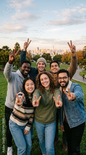 Group of friends posing with peace signs in park during sunset  