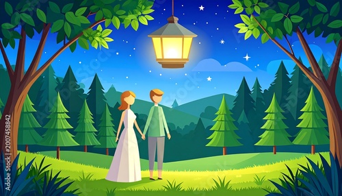 Romantic couple holding hands under a lit lantern in a magical forest at night, trees surrounding