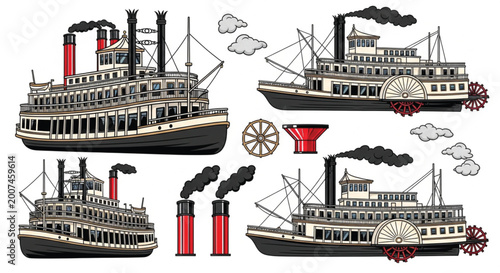 Obraz na plátně Continuous one line vintage paddle steamboat vector set with classic riverboat d