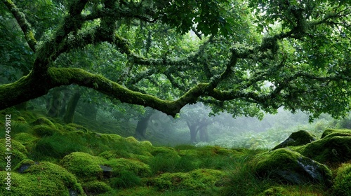 Large moss-covered tree branch forms natural frame looking out into misty ancient green forest with lush green mossy rocks on ground in tranquil woodland