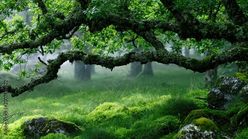 Curved tree branch covered in thick green moss frames the misty ancient temperate forest with lush green mossy grass and rocks in tranquil landscape