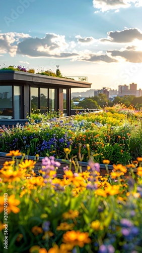 Rooftop garden bursts with vibrant wildflowers bathed in warm sunlight, with a modern structure and city skyline visible