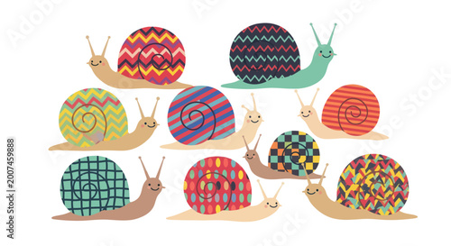 Foto Colorful snails with patterned shells crawling.