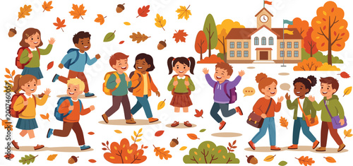 Bild auf Leinwand Diverse happy school children group going to school building in autumn fall seas