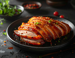 Mouth watering gourmet food photography featuring perfectly sliced roasted duck breast with shiny crispy skin resting on a dark ceramic plate.