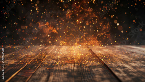 Burning Wood Table Background With Fire Spark And Dramatic Dark Display Design