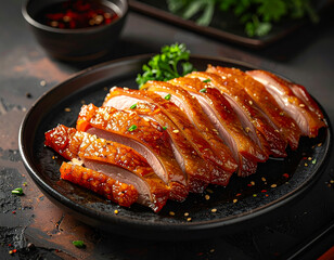 Appetizing Asian culinary photography showcasing a plate of sliced juicy roasted duck meat with crispy golden brown skin and a dark sauce.