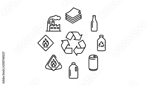 Cuadro en lienzo Eco recycling and waste sorting line icons thin outline vector set with pollutio