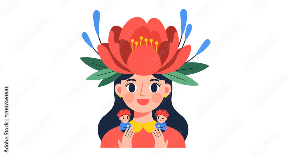 Naklejka premium Whimsical Illustration of a Woman with a Large Red Flower Crown Nurturing Tiny Figures on White Background