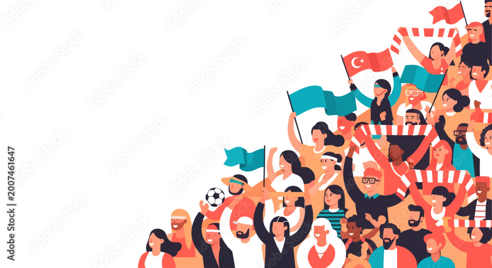 Fototapeta premium Crowd of Diverse Fans Cheering at Sports Match in Stadium with Flags and Soccer Ball, Flat Vector Illustration with Copy Space