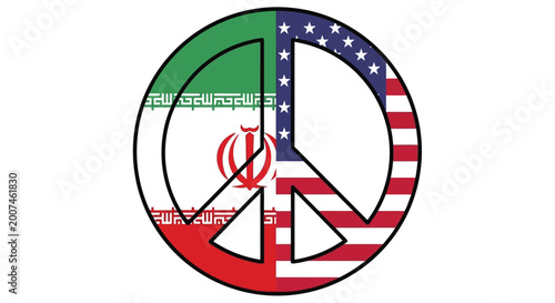 Symbolic representation combining the flags of Iran and the United States within a peace sign