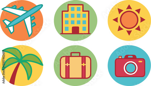 Set of six colorful travel in circles featuring airplane, building, sun, palm tree, luggage
