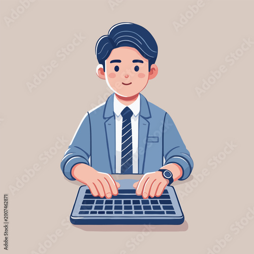 Flat Illustration Of A Young Man In A Blue Suit Typing On A Keyboard