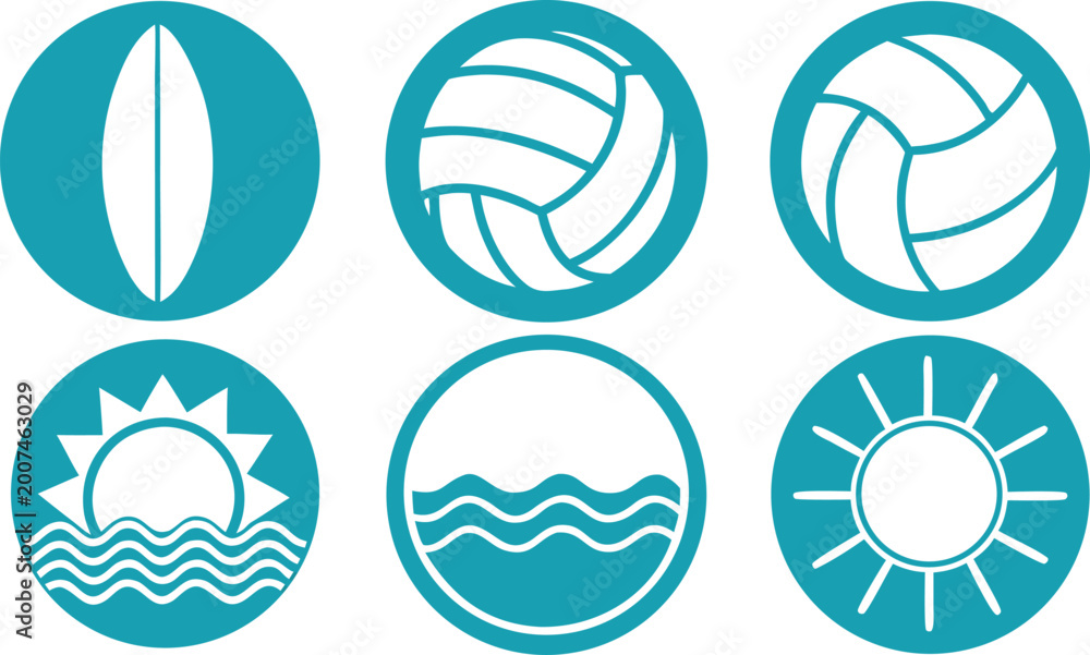Fototapeta premium Set of six teal circular featuring surfboard, volleyball, sun, and ocean wave