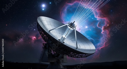 Radio telescope dish pointing at a vibrant nebula in deep space