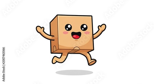 Happy running cardboard box character isolated on white background