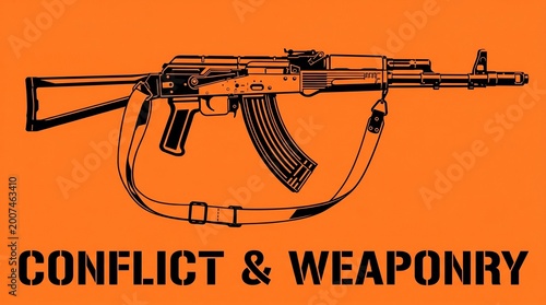 Detailed black illustration of an assault rifle with curved magazine, stock, and sling, symbolizing military weaponry and conflict, presented in bold graphic style against solid orange background.