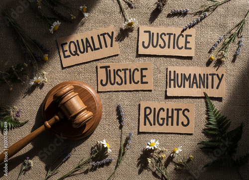 A conceptual flat lay of a wooden judge's gavel and handwritten signs for equality, justice, humanity, and rights on a burlap surface decorated with delicate wildflowers.