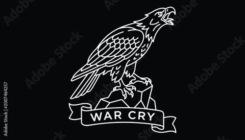 Quadro su tela Eagle screeching on a rock line art emblem for apparel design and branding