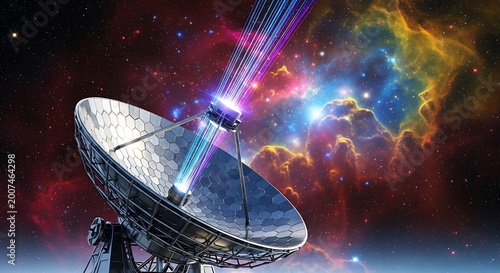 Radio telescope receiving cosmic signals from deep space nebula